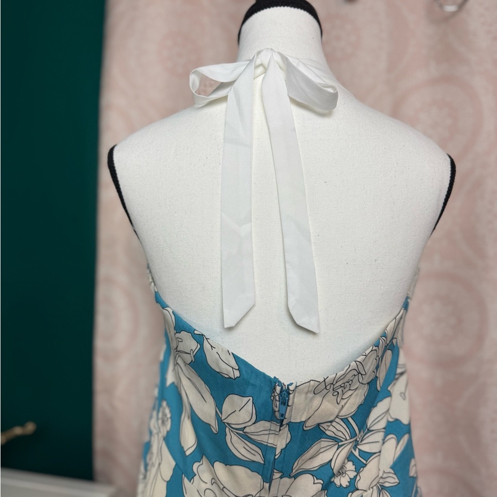 Unique Vintage Retro Blue White Hawaiian Floral A-Line Halter Dress Size XL 14. - Picture 6 of 11